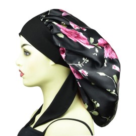 Extra Large Sleep Cap Satin Bonnet for Sleeping Long Hair Bonnet for Women Large Night Cap for Curly Hair XL Silk Bonnets Rose