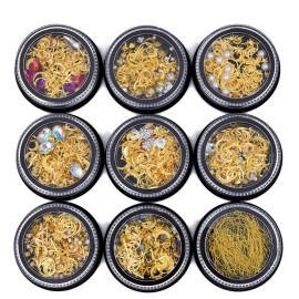 MEILINDS 3D Gold Nail Studs Gold Nail Rivets Gems Nails Art Decoration Sparkle Rhinestones Hollow Moon Star Shaped Artificial Pearls Metal Rivets Charms DIY Nail Tips 9 Boxes