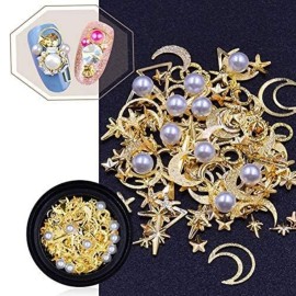 MEILINDS 3D Gold Nail Studs Gold Nail Rivets Gems Nails Art Decoration Sparkle Rhinestones Hollow Moon Star Shaped Artificial Pearls Metal Rivets Charms DIY Nail Tips 9 Boxes