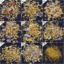 MEILINDS 3D Gold Nail Studs Gold Nail Rivets Gems Nails Art Decoration Sparkle Rhinestones Hollow Moon Star Shaped Artificial Pearls Metal Rivets Charms DIY Nail Tips 9 Boxes