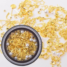 MEILINDS 3D Gold Nail Studs Gold Nail Rivets Gems Nails Art Decoration Sparkle Rhinestones Hollow Moon Star Shaped Artificial Pearls Metal Rivets Charms DIY Nail Tips 9 Boxes