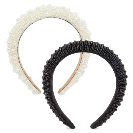 Glamlily Headbands for Women - White Velvet 2-Pack, 6.5 - Rhinestone Padded Headbands & Pearl Embellishments - Thick Padded Crystal Hairbands for Wedding & Daily Wear