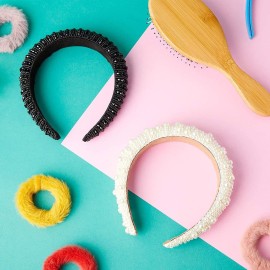 Glamlily Headbands for Women - White Velvet 2-Pack, 6.5 - Rhinestone Padded Headbands & Pearl Embellishments - Thick Padded Crystal Hairbands for Wedding & Daily Wear