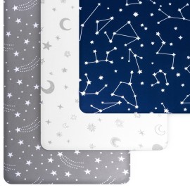 Fitted Unisex Crib Sheets (3 Pack) by GROW WILD - Jersey Knit Cotton Crib Sheets for Boys or Girls, 52 x 28 x 9 Crib Bedding Set (Moon, Stars and Constellation)
