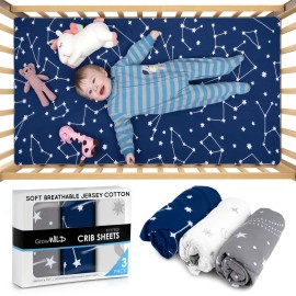 Fitted Unisex Crib Sheets (3 Pack) by GROW WILD - Jersey Knit Cotton Crib Sheets for Boys or Girls, 52 x 28 x 9 Crib Bedding Set (Moon, Stars and Constellation)