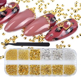 Nail Art Studs 3D Nail Charms Sparkle Gold Silver Metal Nail Studs Jewels Mix Shapes Star Moon Shell Rivet DIY Nait Art Decorations Manicure Kit with Tweezers(Gold/Silver)