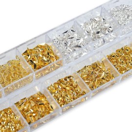 Nail Art Studs 3D Nail Charms Sparkle Gold Silver Metal Nail Studs Jewels Mix Shapes Star Moon Shell Rivet DIY Nait Art Decorations Manicure Kit with Tweezers(Gold/Silver)