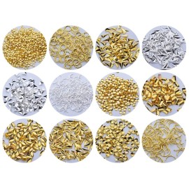 Nail Art Studs 3D Nail Charms Sparkle Gold Silver Metal Nail Studs Jewels Mix Shapes Star Moon Shell Rivet DIY Nait Art Decorations Manicure Kit with Tweezers(Gold/Silver)