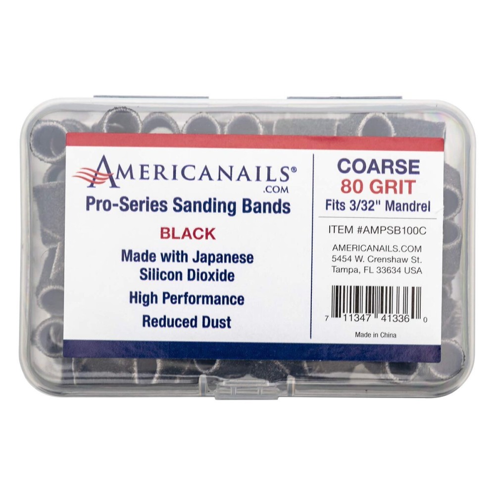 Americanails Pro-Series Black, Coarse 80 Grit, Professional Sanding Bands for Acrylic Nail File Drill, E-File Sanding Drill Bit Piece Set, Nail Polishing and Filing Tools - 100 Count