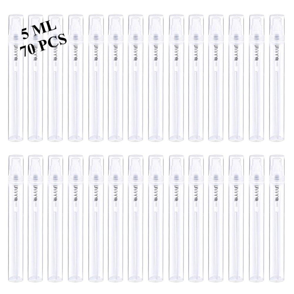 Csdtylh Mini Spray Bottles 70PCS 5ML Clear Plastic Empty Sample Containers Fine Mist Perfume Travel Refillable Spray Bottle Perfume Atomizer Small Travel Size Spray Bottle for Cleaning, Essential Oils