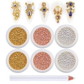3D Nail Caviar Beads for Nail Art Metal Mini Nail Ball Beads Gold Silver Rose Gold Nail Studs DIY Decorations Accessories Multi-Size