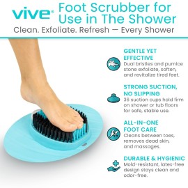 Vive Foot Scrubber for Use in The Shower - Feet Cleaner for Dead Skin with Pumice Stone - Massager and Brush Exfoliating - Callus Remover, Improve Circulation and Relieves Pain - Nonslip Suction Cups