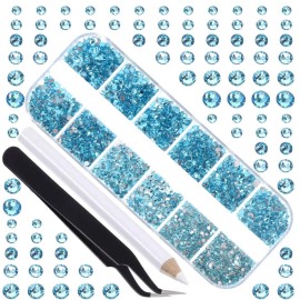 LPBeads 3456 Pieces 6 Sizes Aquamarine Flat Back Round Crystal Rhinestones for Crafts Nails Art Face Makeup Clothes DIY with Pick Up Tweezers and Picking Pen