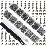 LPBeads 3456 Pieces 6 Sizes Transparent Black Flat Back Round Crystal Rhinestones for Crafts Nails Art Face Makeup Clothes DIY with Pick Up Tweezers and Picking Pen