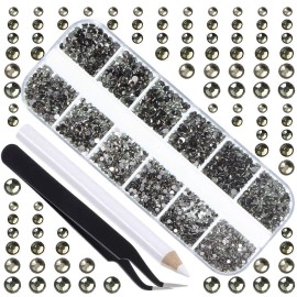 LPBeads 3456 Pieces 6 Sizes Transparent Black Flat Back Round Crystal Rhinestones for Crafts Nails Art Face Makeup Clothes DIY with Pick Up Tweezers and Picking Pen