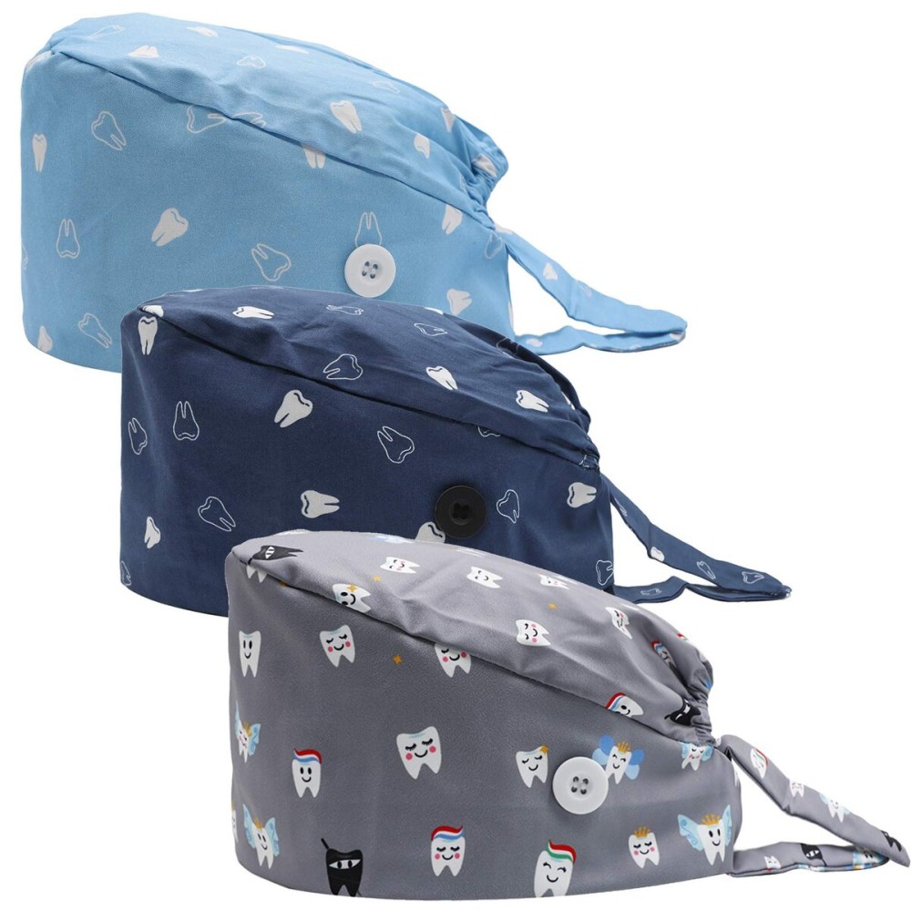 LUCKYBUNNY 3PCS Cute Teeth Working Cap with Button, Women Men Breathable Lace Up Sweatband Work Hat Hair Cover (Cute Tooth)