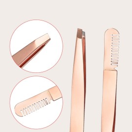 2 Pieces Multifunctional Eyebrow Tweezers with Eyebrow Comb False Eyelashes Applicator Tool Makeup Grooming Tool for Eyebrows or Facial Hair(Rose Gold)
