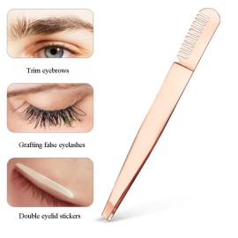 2 Pieces Multifunctional Eyebrow Tweezers with Eyebrow Comb False Eyelashes Applicator Tool Makeup Grooming Tool for Eyebrows or Facial Hair(Rose Gold)