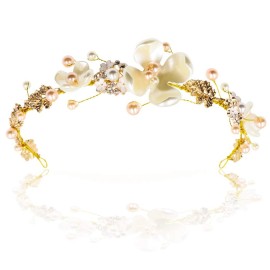 NODG Gold Tiaras for women Pearl Bride Crowns Wedding Headpiece Gold Flower Bridal Hair Piece Princess Leaf Headdress Birthday Party Prom for Women