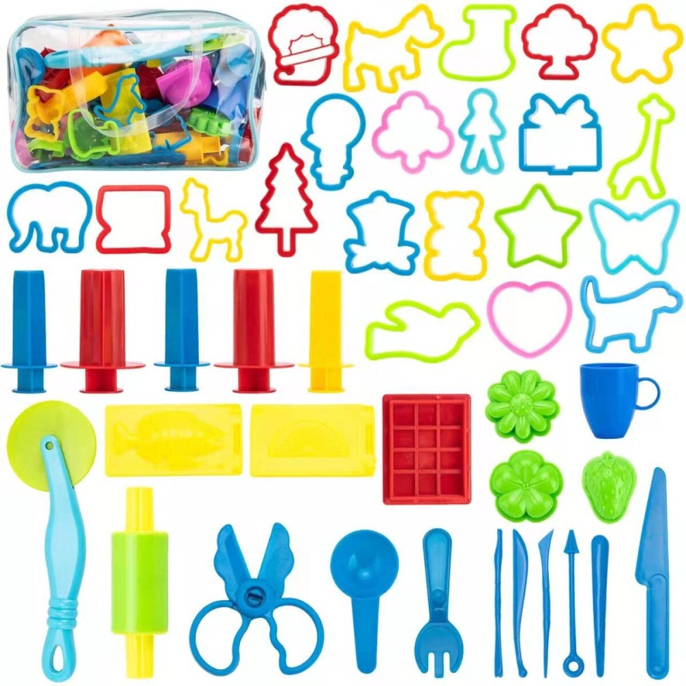 Vaike kauss Dough Tools for Kids, 46Pcs Dough Tools Kit Include Assorted Colors Dough Accessory Molds Rollers Cutters Scissors and Storage Bag for Playing