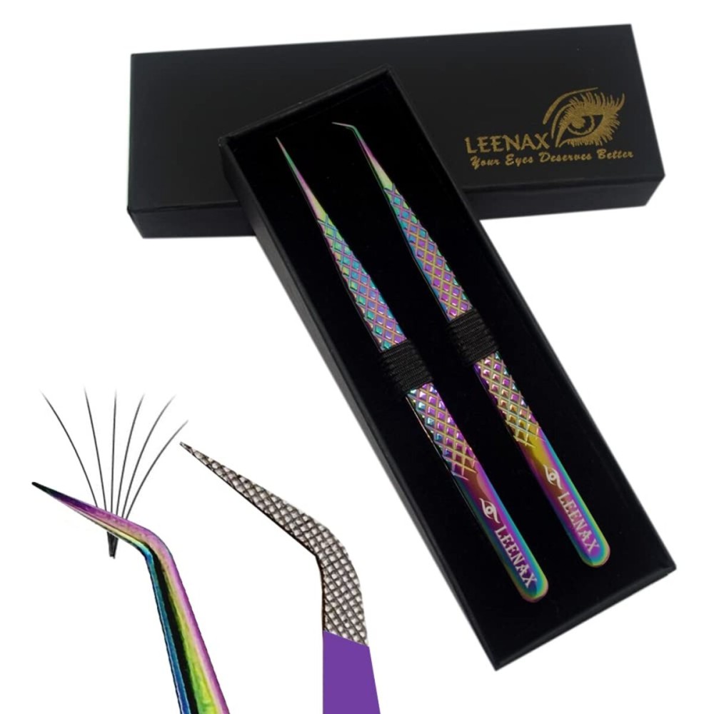 Eyelash Extension Tweezers Fiber Tip (Anti - Slip) Set of 2 pieces straight & curved with Diamond Grip, Rainbow Colour,14cm, volume Tweezers, Lash Extension Precision tweezers. (Multi)