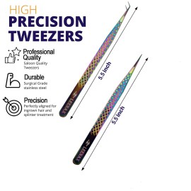 Eyelash Extension Tweezers Fiber Tip (Anti - Slip) Set of 2 pieces straight & curved with Diamond Grip, Rainbow Colour,14cm, volume Tweezers, Lash Extension Precision tweezers. (Multi)