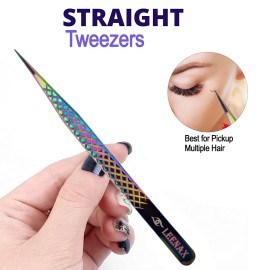 Eyelash Extension Tweezers Fiber Tip (Anti - Slip) Set of 2 pieces straight & curved with Diamond Grip, Rainbow Colour,14cm, volume Tweezers, Lash Extension Precision tweezers. (Multi)