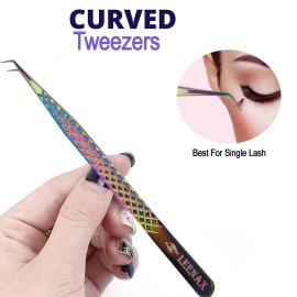 Eyelash Extension Tweezers Fiber Tip (Anti - Slip) Set of 2 pieces straight & curved with Diamond Grip, Rainbow Colour,14cm, volume Tweezers, Lash Extension Precision tweezers. (Multi)