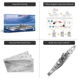 Piececool 3D Puzzles for Adults, USS Missouri Battleship Metal Model Kits, DIY 3D Metal Puzzle for Teenagers Students Stress Relief, Aircraft Carrier Toy Gift for Boys Men, 155 Pcs