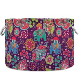 visesunny Storage Basket Decorative Elephant Cute Indian Pattern Nursery Hamper Basket Clothes Toy Storage Organizer Bin Box Collapsible Laundry Bag for Kid Room,Playroom,Bathroom,Living Room,Dorm