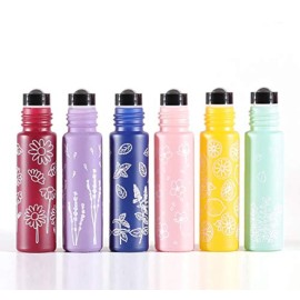 6 Pcs 10ml 1/3 Oz Glass Roll On Bottles,Empty Glass Roller Bottles With Stainless Steel Roller Balls,Golden Aluminum Lid-6 Printed Flower Style Travel Vial Container