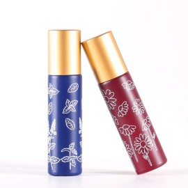 6 Pcs 10ml 1/3 Oz Glass Roll On Bottles,Empty Glass Roller Bottles With Stainless Steel Roller Balls,Golden Aluminum Lid-6 Printed Flower Style Travel Vial Container