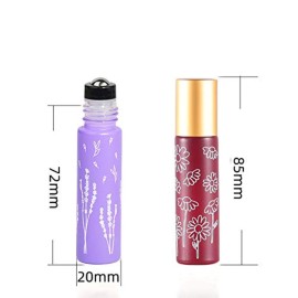 6 Pcs 10ml 1/3 Oz Glass Roll On Bottles,Empty Glass Roller Bottles With Stainless Steel Roller Balls,Golden Aluminum Lid-6 Printed Flower Style Travel Vial Container