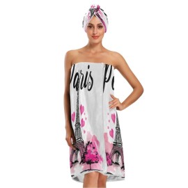 Nander Painted Eiffel Tower Paris Women 3PCS Bath Towel Wrap & Dry Hair Cap Adjustable Closure Shower Robes,Soft Absorbent Quick Drying for Spa,Beach,Shower