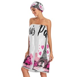 Nander Painted Eiffel Tower Paris Women 3PCS Bath Towel Wrap & Dry Hair Cap Adjustable Closure Shower Robes,Soft Absorbent Quick Drying for Spa,Beach,Shower
