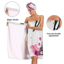 Nander Painted Eiffel Tower Paris Women 3PCS Bath Towel Wrap & Dry Hair Cap Adjustable Closure Shower Robes,Soft Absorbent Quick Drying for Spa,Beach,Shower