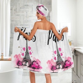 Nander Painted Eiffel Tower Paris Women 3PCS Bath Towel Wrap & Dry Hair Cap Adjustable Closure Shower Robes,Soft Absorbent Quick Drying for Spa,Beach,Shower