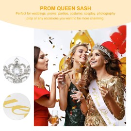 2Pcs Prom Queen Sash and Tiara Set Rhinestone Crystal Tiara Crown for Birthday Weddding Graduate Party Accessories