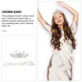 2Pcs Prom Queen Sash and Tiara Set Rhinestone Crystal Tiara Crown for Birthday Weddding Graduate Party Accessories