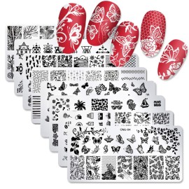 SILPECWEE 8 Piece Summer Nail Stamps - Flower & Butterfly Design Stamping Kit with Nail Art Stencils & Polish