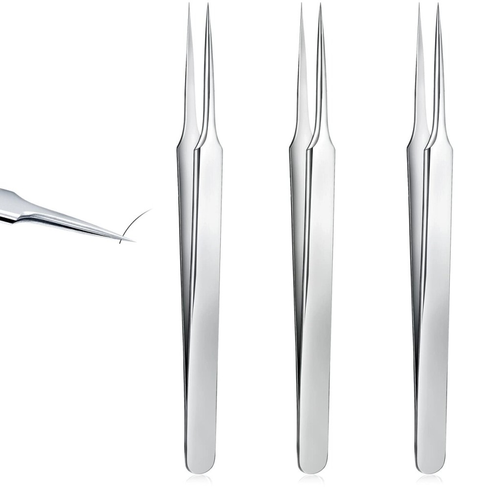 3 Pieces Ingrown Hair Tweezers Stainless Steel Splinter Tweezers Pointed Blackhead Remover Precision Eyebrow Tweezers for Facial Hair, Ingrown Hair, Splinter and Blackhead Remover (Silver)