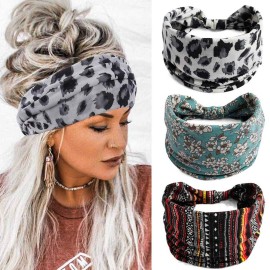 Gangel Boho Criss Cross Headbands Twisted Floral Printed Hairbands Elastic Cotton Stretch Wide Head Wrap Knotted Hair Scarfs Fashion Hair Accessories for Women (Pack of 3) (unique)