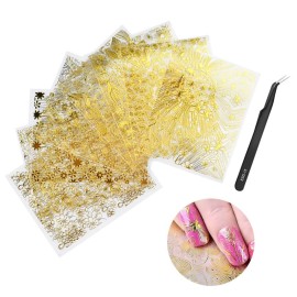 Nail Art Stickers, 8 Sheets 3D Nail Art Decals Adhesive Foils Laser DIY Bronzing Gold Flowers Floral Nail Stickers for Acrylic Nails Women Nail Art Decoration Decals with 1Pcs Antistatic Tweezer