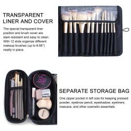 Makeup Brush Bag, Travel Makeup Brush Case Makeup Brush Holder Organizer Cosmetic Bag Portable Roll Up Brush Storage Bag for Makeup Brushes and Cosmetic Essentials (Black)