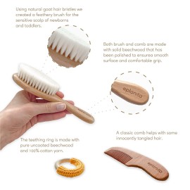 eplanita Baby Hair Brush and Comb Set for Newborns & Toddlers, Wooden with Natural Goat Bristles, for Cradle Cap and Massage, Teething Ring, Baby Registry or Baby Shower