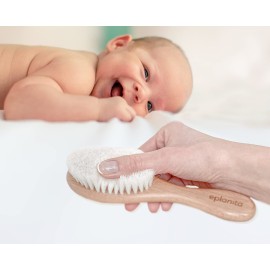 eplanita Baby Hair Brush and Comb Set for Newborns & Toddlers, Wooden with Natural Goat Bristles, for Cradle Cap and Massage, Teething Ring, Baby Registry or Baby Shower