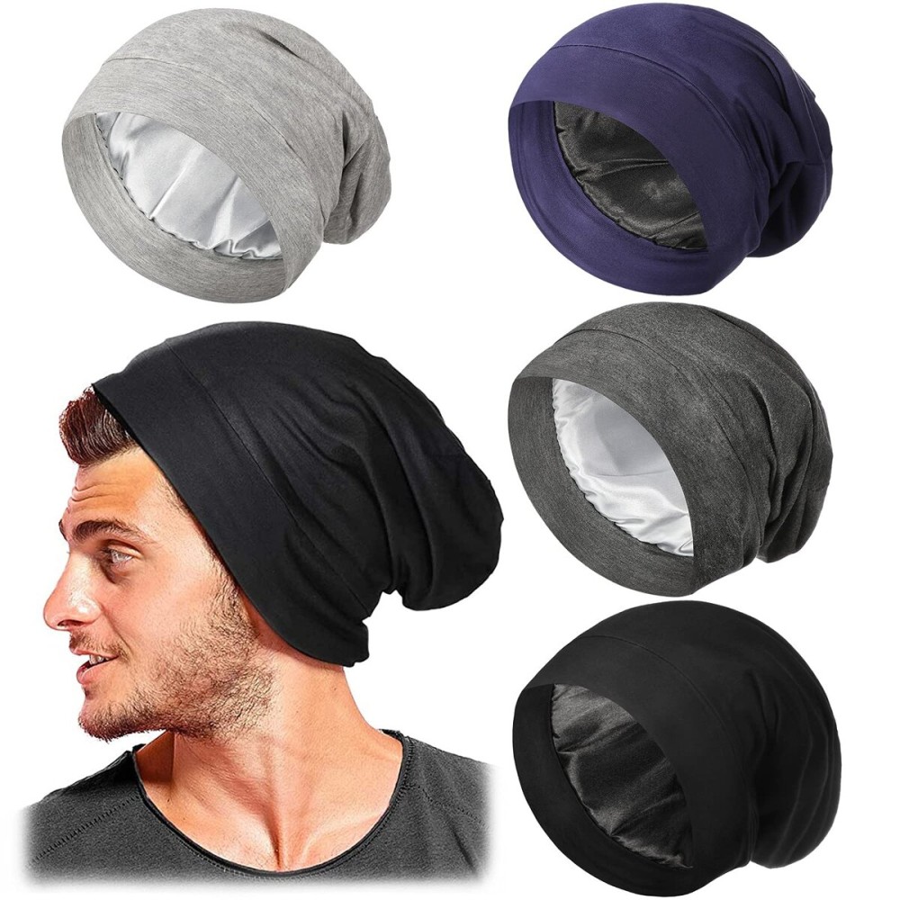 4 Pcs Satin Lined Sleep Bonnet Silk Sleep Cap Slouchy Beanie Hat Night Sleeping Head Wrap for Women Men Curly Hair(Dark Colors) 4 Pcs Satin Lined Sleep Bonnet Silk Sleep Cap Slouchy Beanie Hat Night Sleeping Head Wrap for Women Men Curly Hair(Dark Colors)