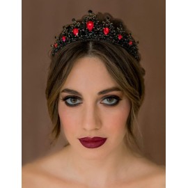 SWEETV Jeweled Tiaras and Crowns for Women, Red Crystal Queen Crown, Black Wedding Tiara for Bride, Metal Birthday Quinceanera Pageant Prom Headpieces,Delilah