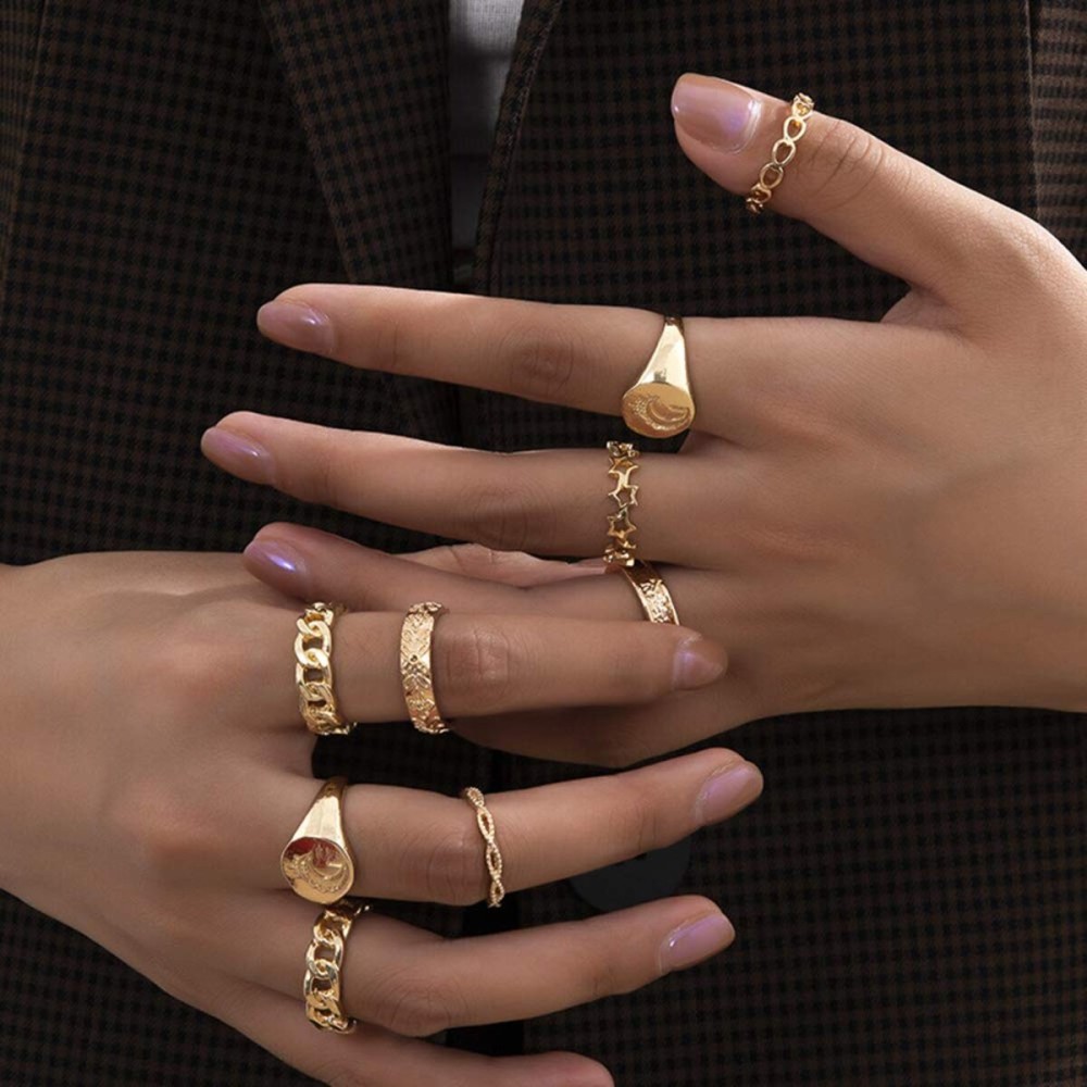 fxmimior Vintage Kunckle Ring Stackable Gold Joint Nail Ring Crystal Moon Knuckle Rings Set for Women and Girls 9 Pcs