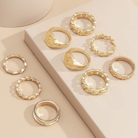 fxmimior Vintage Kunckle Ring Stackable Gold Joint Nail Ring Crystal Moon Knuckle Rings Set for Women and Girls 9 Pcs